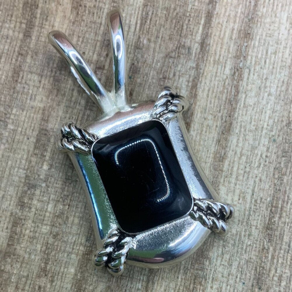 Avon Vintage Black Acrylic Silver Tone Rectangular Pendant